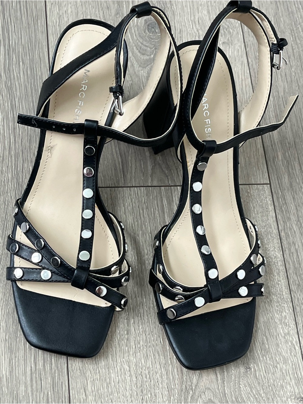 Marc Fisher Black Studded T-Strap Heels